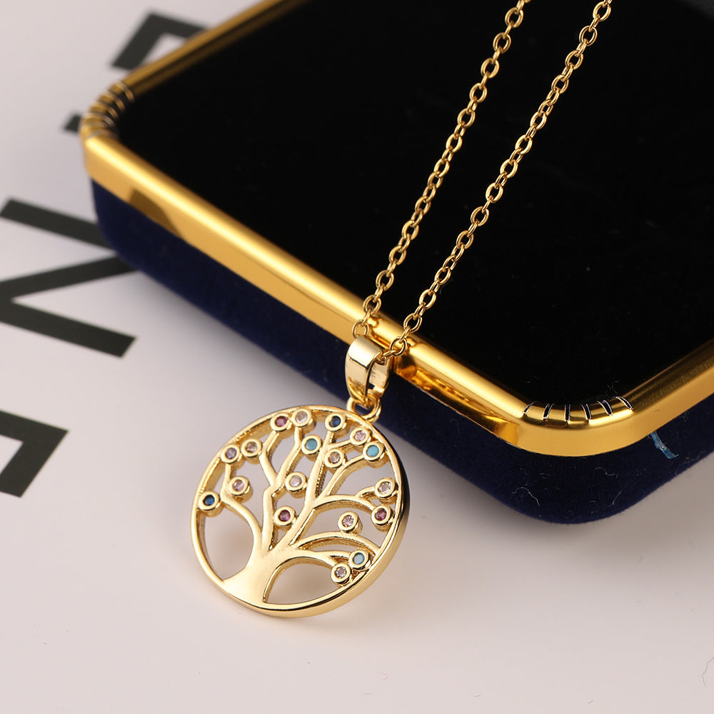 Wholesale Micropaved Zircon Tree of Life Hollow Pendant Necklaces
